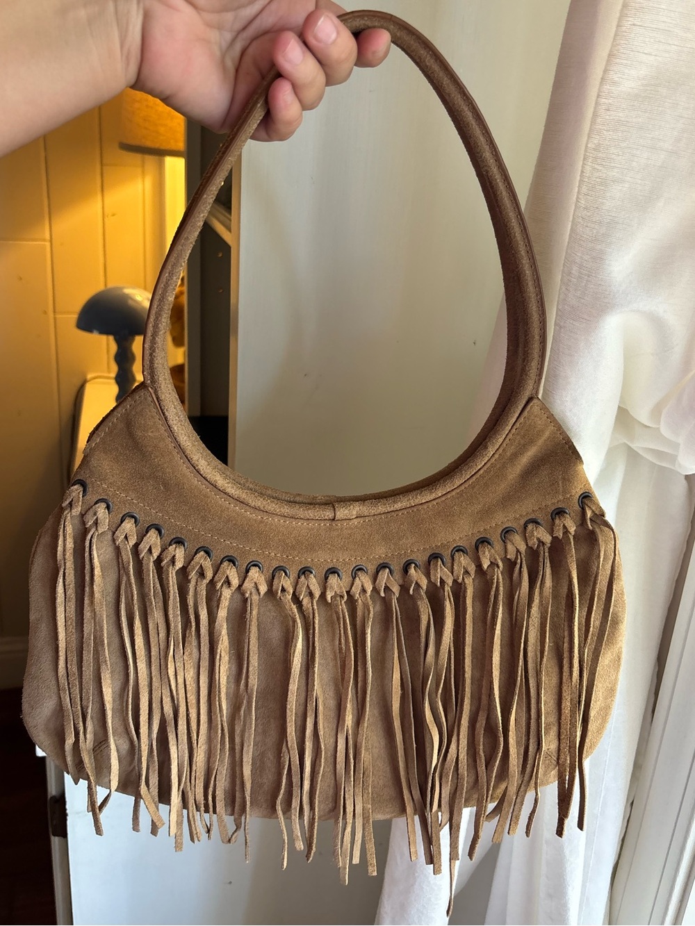 The Leather Genuine Suede Tan Fringe Boho Shoulder Bag Purse